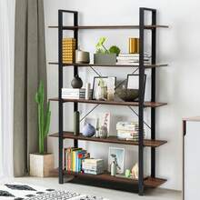5-Tiers Bookshelf Industrial Bookcases Metal Frame Shelf Stand - Brown - View 3