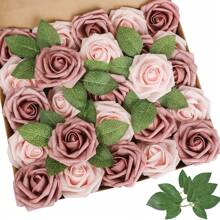 7/12/17/22/27 件假泡沫玫瑰花带茎薰衣草适用于 DIY 婚礼伴娘新娘花束中心装饰派对家居装饰（无盒，OPP 袋包装），情人节，礼物 - 藕粉色 - 查看 2