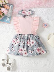 Vestido veraniego para bebé niña con parche floral dulce impreso y ribete de volantes y decoración de lazo, sin mangas - Rosa - Ver 2