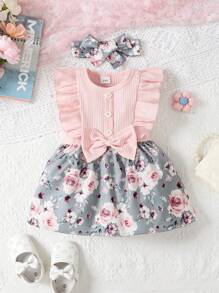 Vestido veraniego para bebé niña con parche floral dulce impreso y ribete de volantes y decoración de lazo, sin mangas - Rosa - Ver 1