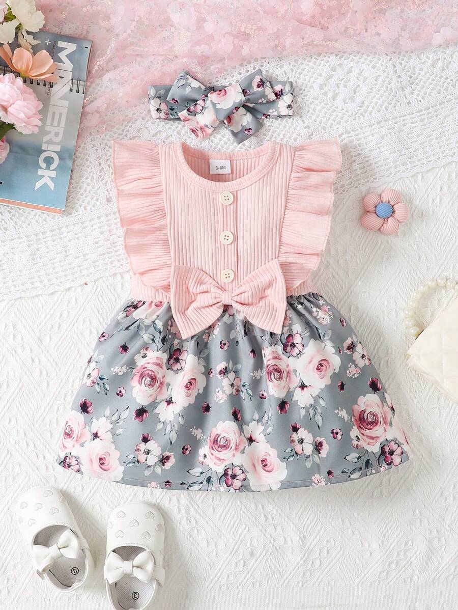 Vestido veraniego para bebé niña con parche floral dulce impreso y ribete de volantes y decoración de lazo, sin mangas - Rosa - Ver 1