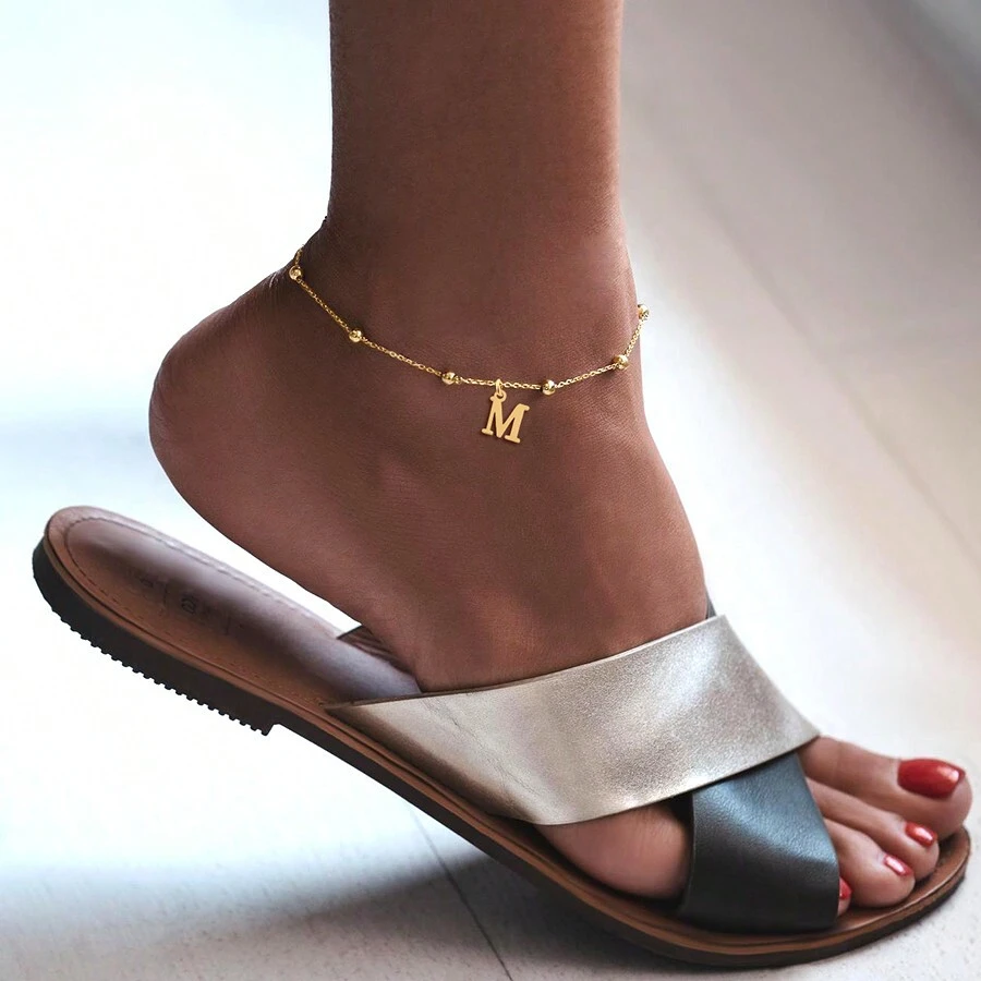 1 Pc Hot Fashion Initial Stainless Steel Bead Chain Anklet For Women - Yellow Gold - View 1