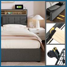 Sweiko Sweiko gestoffeerd bed, tweepersoonsbed met 4 laden & USB-aansluiting, 160*200cm,gestoffeerd bed met 4 laden & USB-aansluiting, gestoffeerd bed 160x200cm, in hoogte verstelbaar hoofdeinde, houten lattenbodem (zonder matras)