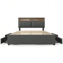 Sweiko Sweiko gestoffeerd bed, tweepersoonsbed met 4 laden & USB-aansluiting, 160*200cm,gestoffeerd bed met 4 laden & USB-aansluiting, gestoffeerd bed 160x200cm, in hoogte verstelbaar hoofdeinde, houten lattenbodem (zonder matras)