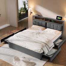 Sweiko Sweiko gestoffeerd bed, tweepersoonsbed met 4 laden & USB-aansluiting, 160*200cm,gestoffeerd bed met 4 laden & USB-aansluiting, gestoffeerd bed 160x200cm, in hoogte verstelbaar hoofdeinde, houten lattenbodem (zonder matras)