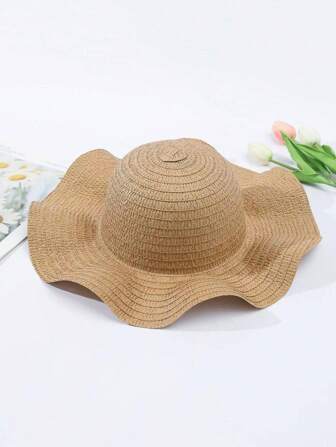 1pc Women's Sun Hat Hand-Woven Straw Hat Large Wavy Brim Hat Adjustable Head Circumference Hatband Suitable For Daily Outing, Beach, Resort Holiday, Etc. Color Options Available