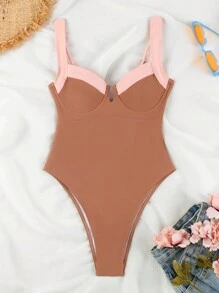 Đồ bơi Polovedo chính thức gợi cảm cổ chữ V đơn sắc chắp vá - Màu Khaki - Xem 2