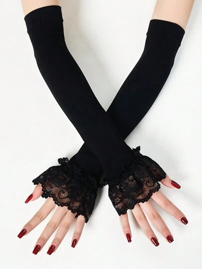 1 双女士夏季蕾丝雪纺袖套，透气防晒透明喇叭袖保暖套