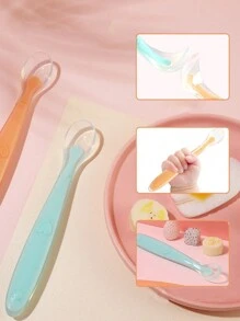 Cuchara para alimentar bebés con punta de silicona suave, suministros para la hora de las comidas de bebés para arroz/puré/alimentación - Naranja - Ver 3