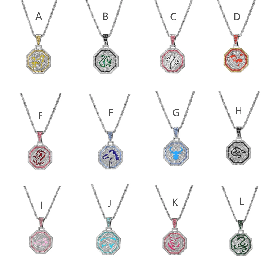 1入不鏽鋼12生肖符號裝飾鑽石項鍊,男女適用 - 銀色 - 查看 1