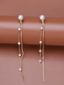 1副女士流蘇耳環，假珍珠長耳環適合日常佩戴 - 金黃色 - 查看 7