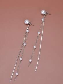 1副女士流蘇耳環，假珍珠長耳環適合日常佩戴 - 金黃色 - 查看 6