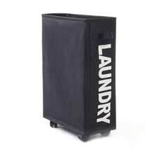 带防尘网罩的带轮洗衣篮，用于洗衣的防水织物篮，洗衣篮，洗衣篮，浴室收纳篮，篮子，储物篮，可折叠洗衣篮 - 黑色 - 查看 1