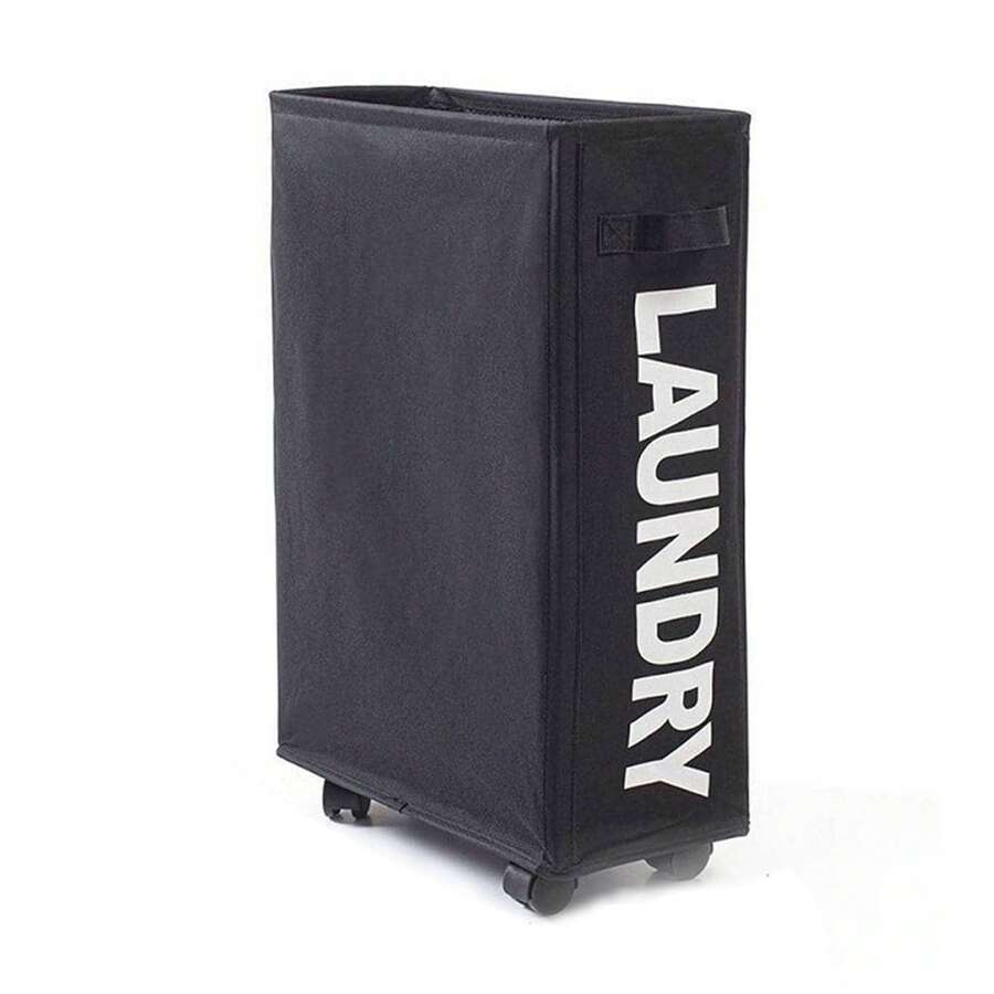 带防尘网罩的带轮洗衣篮，用于洗衣的防水织物篮，洗衣篮，洗衣篮，浴室收纳篮，篮子，储物篮，可折叠洗衣篮 - 黑色 - 查看 1