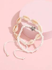 2pcs Natural Shell & Alloy Turtle & Rice Beads Design Women Beach Anklet Set - White - View 3