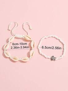 2pcs Natural Shell & Alloy Turtle & Rice Beads Design Women Beach Anklet Set - White - View 4
