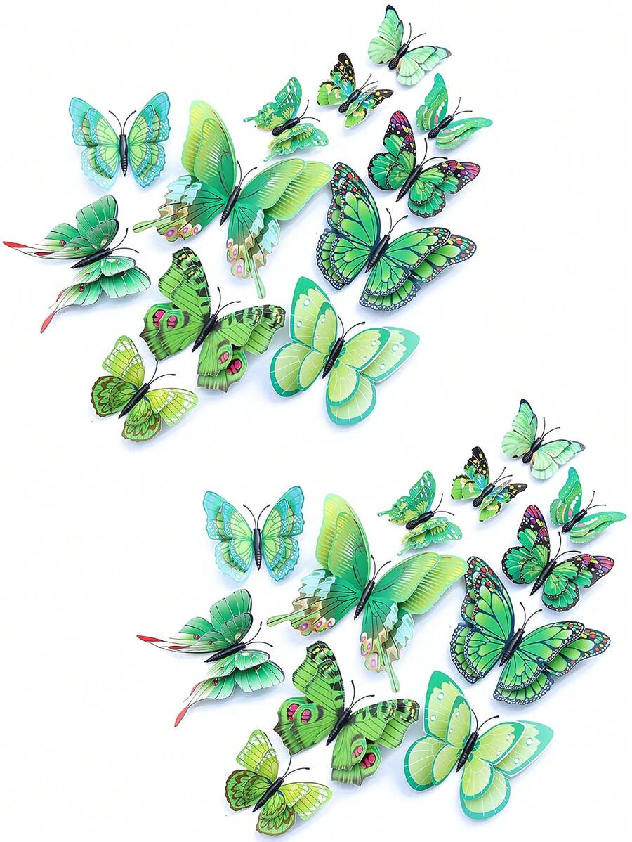 24pcs/Pack 3d Magnetic Butterfly Wall Stickers For Festive And Romantic Decoration, Party & Daily Use - Green - View 1