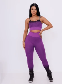 Conjunto Academia Feminino Elegante Calça Legging Top / Cropped Cos Alto Esportiva poliamida - Roxo - Visão 4