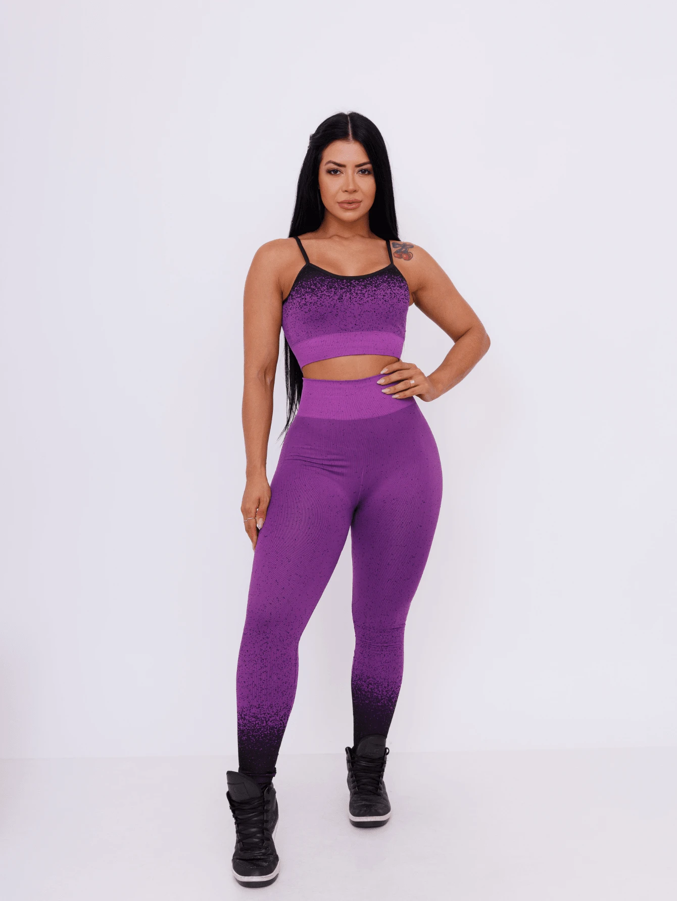 Conjunto Academia Feminino Elegante Calça Legging Top / Cropped Cos Alto Esportiva poliamida - Roxo - Visão 1