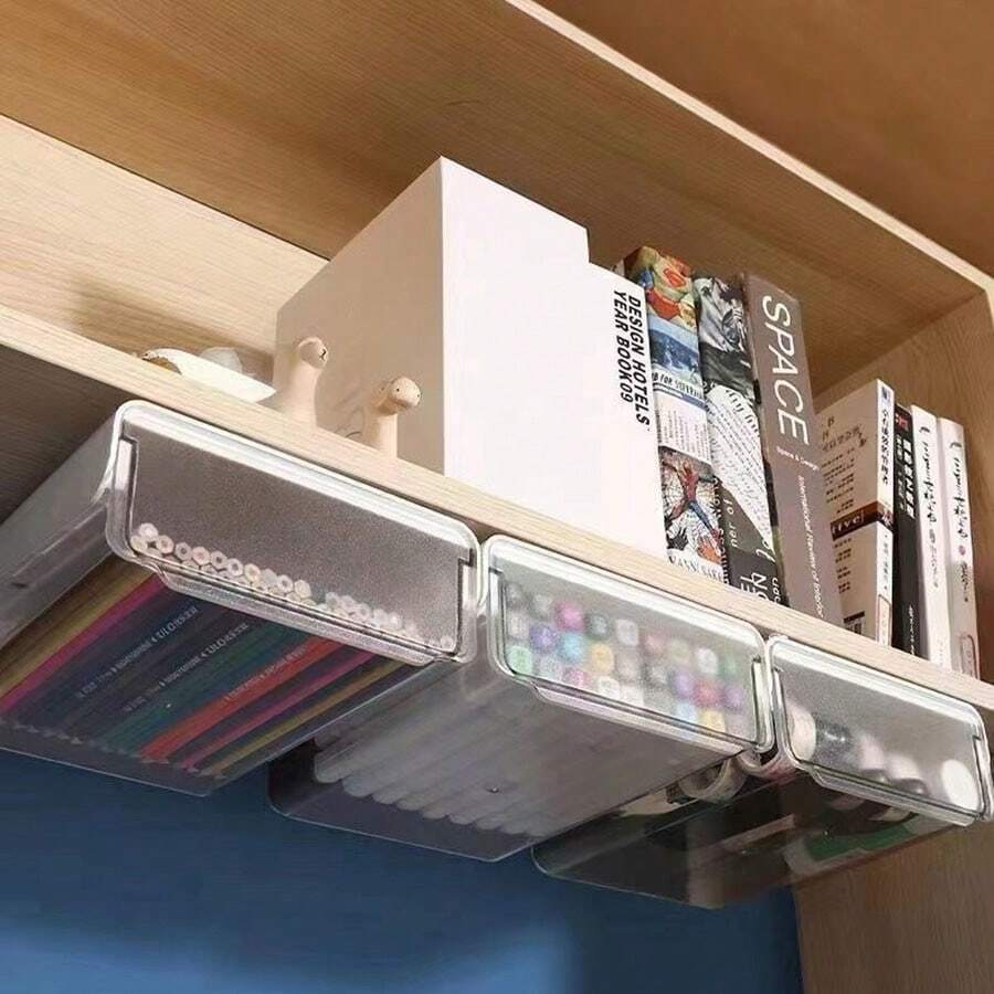 Desk Drawer Storage Box, Office Desk Organizer Stationery Hidden No-Drill Shelf For Under Desk - White - View 1