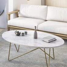 Furchen Tavolino Salotto, Effetto Marmo, Tavolino Soggiorno, Tavolino da Salotto Ovale, Tavolino da Salotto Moderno, con Gambe in Metallo, Grande, 120x60x41cm - Dorato - Visualizzare 1