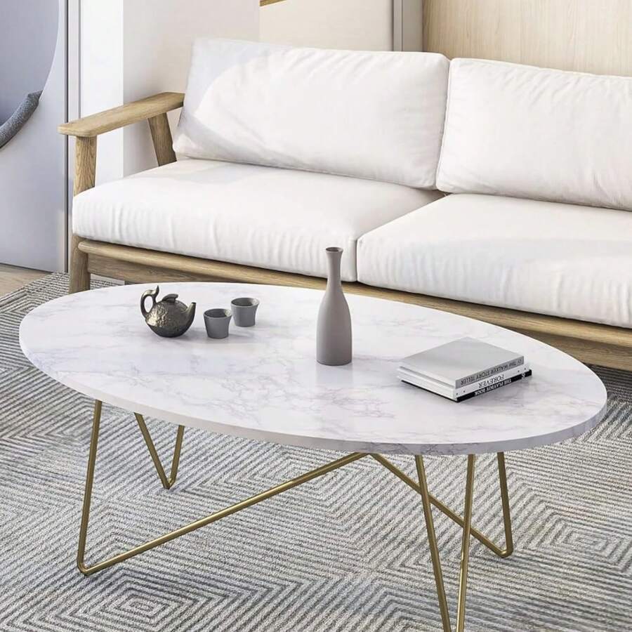 Furchen Tavolino Salotto, Effetto Marmo, Tavolino Soggiorno, Tavolino da Salotto Ovale, Tavolino da Salotto Moderno, con Gambe in Metallo, Grande, 120x60x41cm - Dorato - Visualizzare 1