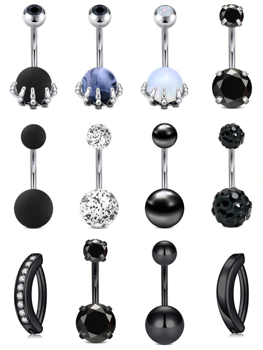 CIZME 1 件装万圣节黑色肚脐环 肚脐环 不锈钢肚脐环 防过敏肚脐环 肚脐环 男女通用 - 銀色&黑色 - 查看 1