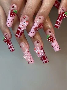 24 Pcs Long Square Press On Nails Gift Box Spring Summer 3D Milk Almost Strawberry Bear Polka Dot Stripe Design Red Rose Sexy Cute And Sister Fake Nail With Jelly Glue 1 Piece And File Strip 1 Piece Nail Supplies - Multicolor - View 1
