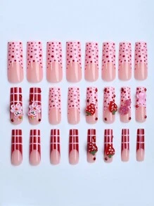 24 Pcs Long Square Press On Nails Gift Box Spring Summer 3D Milk Almost Strawberry Bear Polka Dot Stripe Design Red Rose Sexy Cute And Sister Fake Nail With Jelly Glue 1 Piece And File Strip 1 Piece Nail Supplies - Multicolor - View 2
