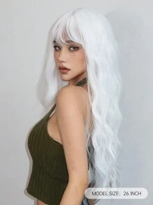 26英寸長的白色瀏海波浪捲合成假髮,適用於女性日常、角色扮演及派對等活動 - 白色 - 查看 5