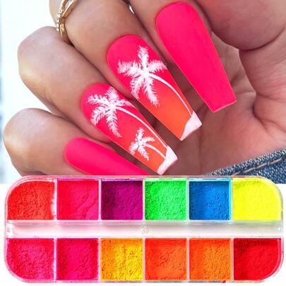 12 rejillas de polvo de uñas de neón degradado, pigmento rosa y amarillo, arte de uñas ombre, brillo colorido, decoraciones de arte de uñas DIY, polvo de pigmento para manicura