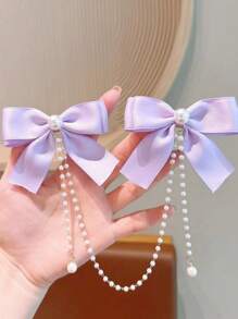 1pc Girls Fashion Sweet Pearl Bow Tassel Hair Clip - Mauve Purple - View 2