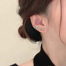 1對時尚銅製和彩色鋯石鑲嵌耳環,誇張的大耳釘,創意色塊珠寶,適用於女孩和女性的派對,節日和日常穿著 - 銀色 - 查看 2