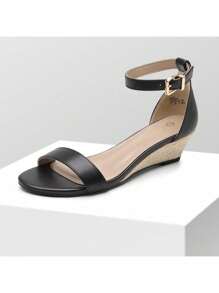 Women'S Wedge Sandals Open Toe Buckle Ankle Strap Comfortable Work Wedding Party Pumps Heel Sandals Dressy Summer Shoes - 麻底鞋/黑色/PU - 查看 2