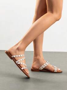 Women Slide Sandals Flat Sandals Slip On Open Toe Summer Slippers For Music Festivals Holiday Party - White - View 4