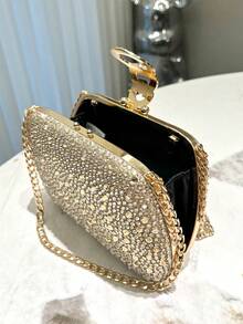 1 pieza Mini bolsa de mano dorada con brillo y decoración de pedrería, adecuada para fiestas nocturnas, bodas, graduaciones, etc. - Dorado - Ver 8