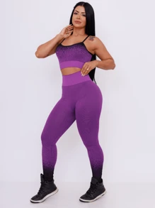 Conjunto Academia Feminino Elegante Calça Legging Top / Cropped Cos Alto Esportiva poliamida - Roxo - Visão 2