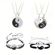 4件套裝不鏽鋼鍊項鍊和手工手鍊套裝,太極八卦陰陽拼接吊墜珠寶贈品,適用於情侶,密友珠寶 - 黑與白 - 查看 1