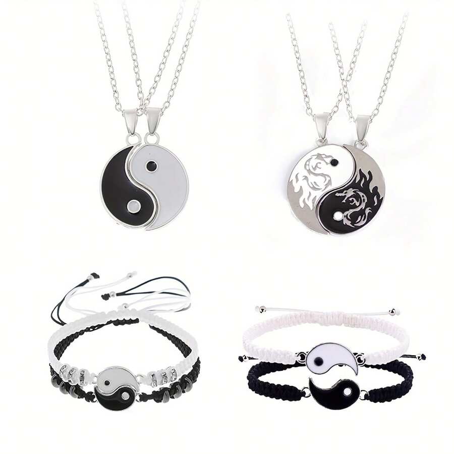 4件套裝不鏽鋼鍊項鍊和手工手鍊套裝,太極八卦陰陽拼接吊墜珠寶贈品,適用於情侶,密友珠寶 - 黑與白 - 查看 1