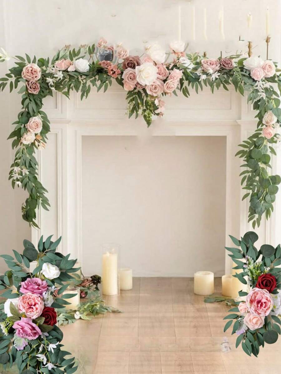 3Pcs/Set Artificial Eucalyptus Willow Garland With Flowers 1Pc 6FT With Wedding Arch Flowers Floral 2Pcs Swag Arrangements, Wedding Table Garland With Flowers Handcrafted Wedding Centerpieces Table Runner Swag For Rehearsal Dinner Bridal Shower Outdoor Decor - 粉色 - 查看 1