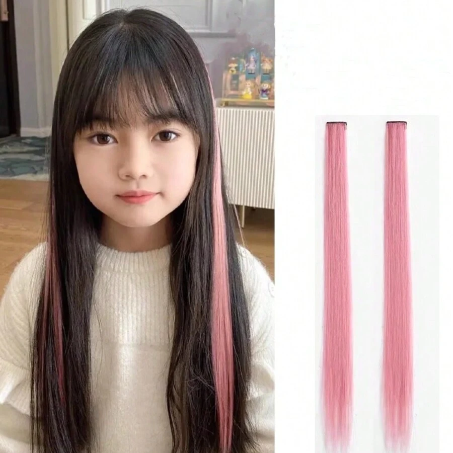2pcs Kids Colorful Hair Extensions, Natural Looking Seamless Clip-In Hair Pieces For Highlights, Hair Accessories For Girls And Boys - Pink - View 1