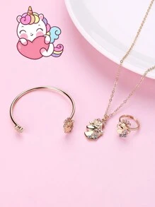 1入組項鍊、1入組手鍊、1入組戒指套裝,適合女孩子,鋅合金製,可愛的獨角獸設計,多彩油滴,鍍金,適合日常佩戴 - 彩色 - 查看 3