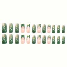Conjunto de 24 uñas postizas cuadradas de color verde jade con suave diseño de estilo nacional para hacer que tus dedos sean talla grande encantadores, adecuado para todas las mujeres, incluye lima de uñas de gel y suministros para uñas. - Verde Oliva - Ver 3