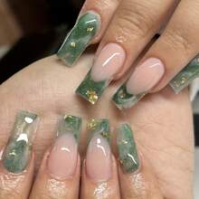 Conjunto de 24 uñas postizas cuadradas de color verde jade con suave diseño de estilo nacional para hacer que tus dedos sean talla grande encantadores, adecuado para todas las mujeres, incluye lima de uñas de gel y suministros para uñas. - Verde Oliva - Ver 1