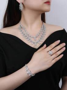 4pcs Silver Color Fashionable Cubic Zirconia Double Layered Simple Necklace, Earrings, Bracelet, Adjustable Ring Suit For Women's Daily Wear - Silver - View 4