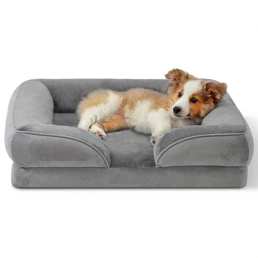 Cama ortopédica de espuma viscoelástica para perros medianos/grandes, camas impermeables para perros, cama sofá impermeable para perros medianos, cama de sofá para mascotas con espuma de apoyo y cubierta removible lavable, alfombra de espuma de huevos para mascotas, revestimiento impermeable y base antideslizante, gris