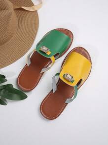 女士时尚休闲拼色水钻装饰露趾凉鞋沙滩人字拖 - 黃色 - 查看 6