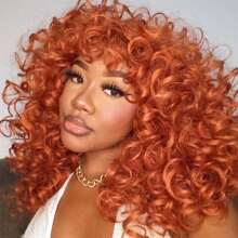 DZfirst 合成耐热假发 弹性卷发 带刘海假发 铜姜色 18 英寸化纤假发 刘海假发 日常使用 易于佩戴 适合初学者 弹性蓬松大卷发假发 - 臟橘色 - 查看 2