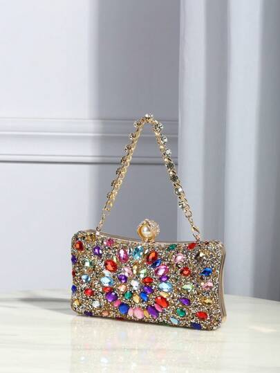 多色閃爍寶石鑲嵌晚宴包,斜跨包,手拿包,適用於舞會、新娘婚紗、旗袍,女士時尚手袋
