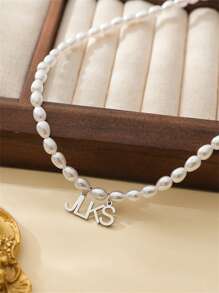 1pc Personalized Fashion Faux Pearl Custom Name Necklace, Capital Letter Necklace For Women, Minimalist Text Jewelry, Valentine's Day Gift, Bridesmaid Gift, Christmas Gift, Mother's Day Gift, Gift For Her - Silver - View 3